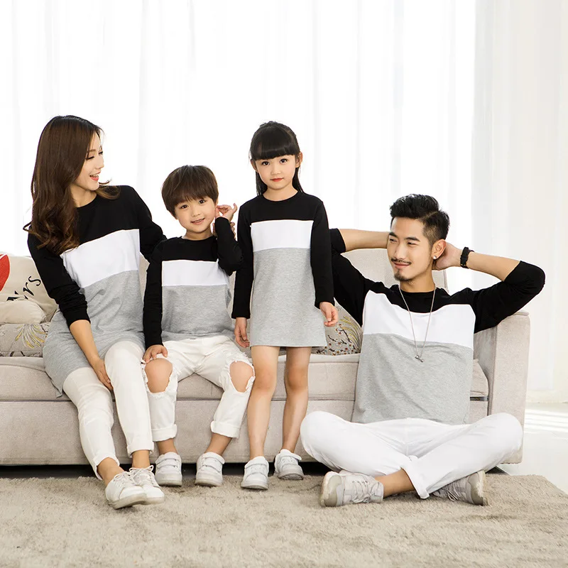 Family Look Mother Daughter Dress Family Clothing Father Son T-Shirt Cotton Patchwork Striped Family Matching Outfits