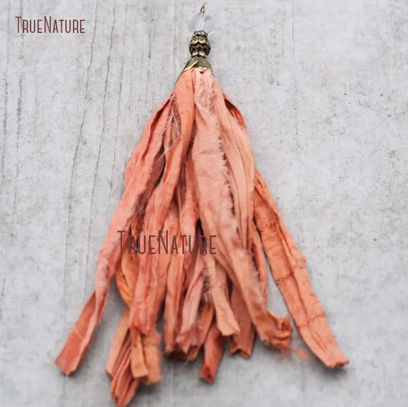 

Fusion Coral Orange Recycled Sari Silk Tassel Bronze Tulip Cap Boho Style Necklace Pendant With Crystal Beads 6.8 inch PM8960