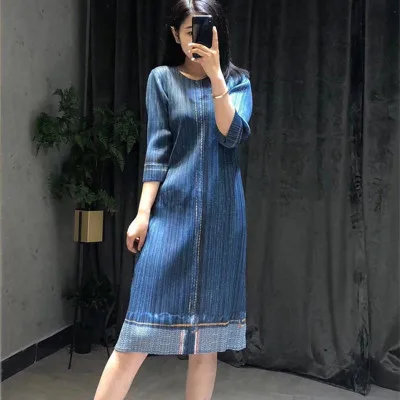 HOT SELLING Miyake Fold o-neck  solid three quater dress of tall waist straight denm dress  IN STOCK