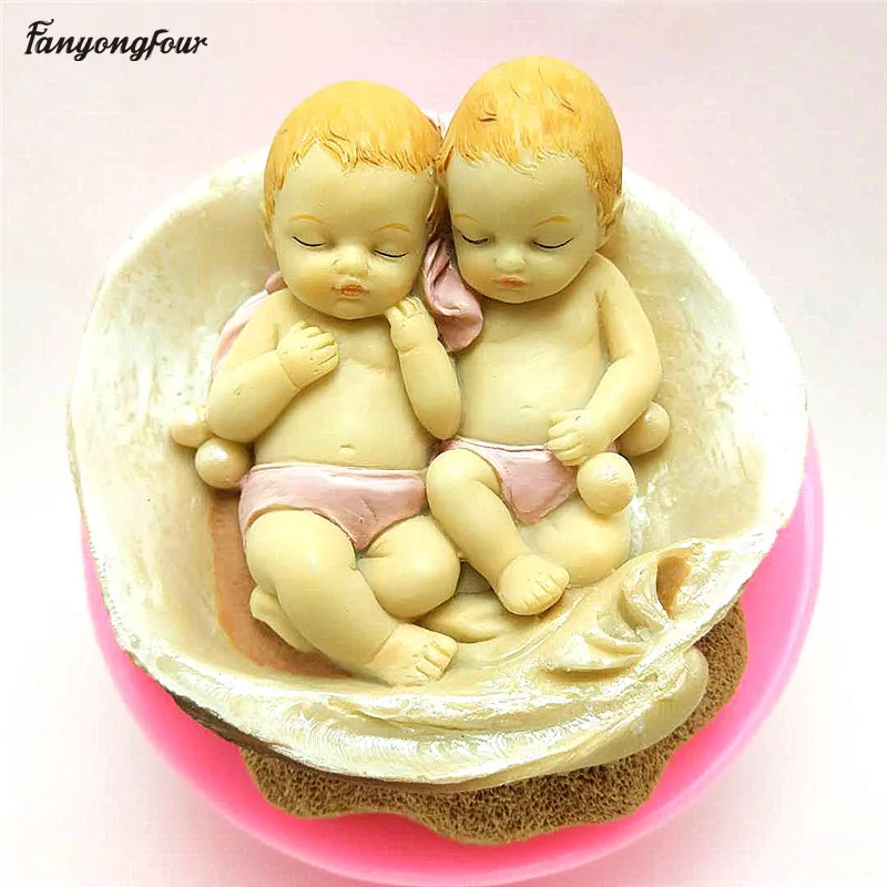 

3D Shell Sleep Twin Baby Mould Cake Decorating Tools Handmade Chocolate Soap Silicone Mould