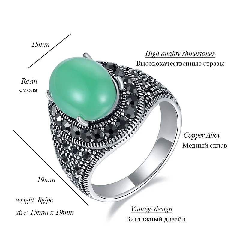 Ajojewel Vintage Green Stone Ring For Women Black Rhinestone Finger Jewelry High Quality Fashion Gift