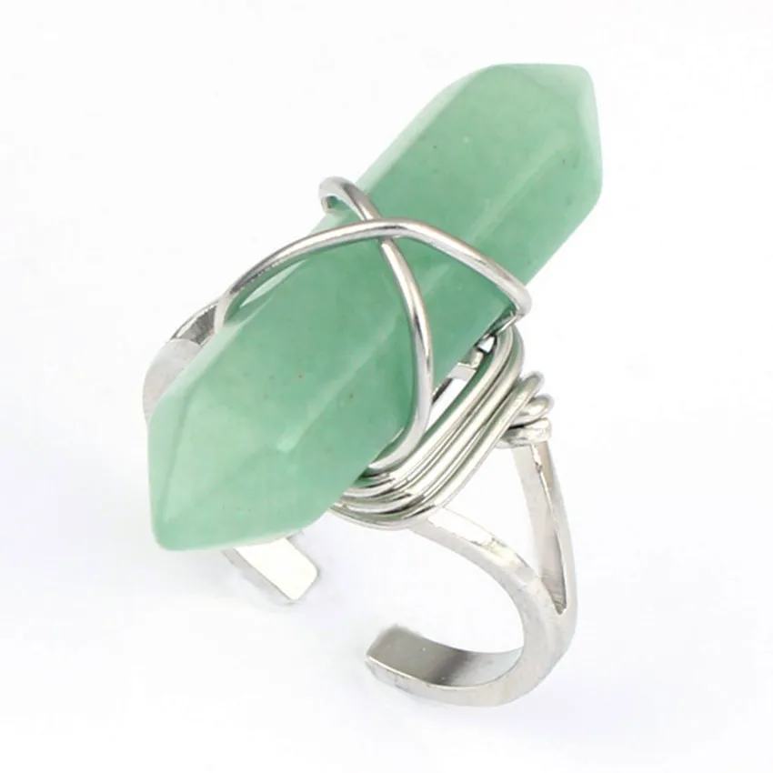 Wire Wrap Stone Ring for Women Men Hexagon Column Resizable Amethysts Quartz Crystal Stone Finger Rings Party Wedding Jewelry