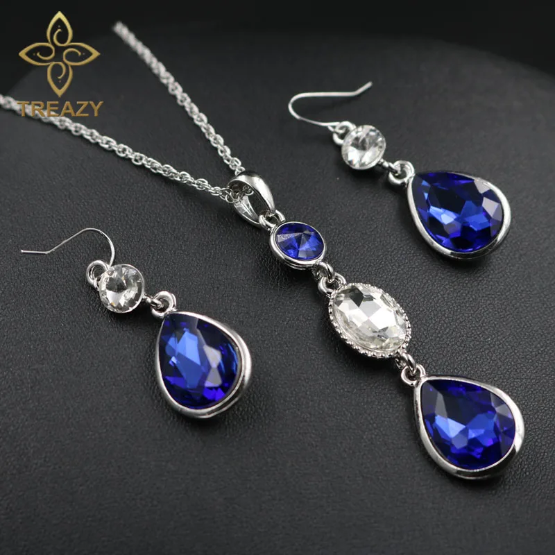 TREAZY 3Colors Fashion Crystal Jewelry Set For Women Teardrop Pendant Necklace Earrings Sets Wedding Party Jewerlry Accessories