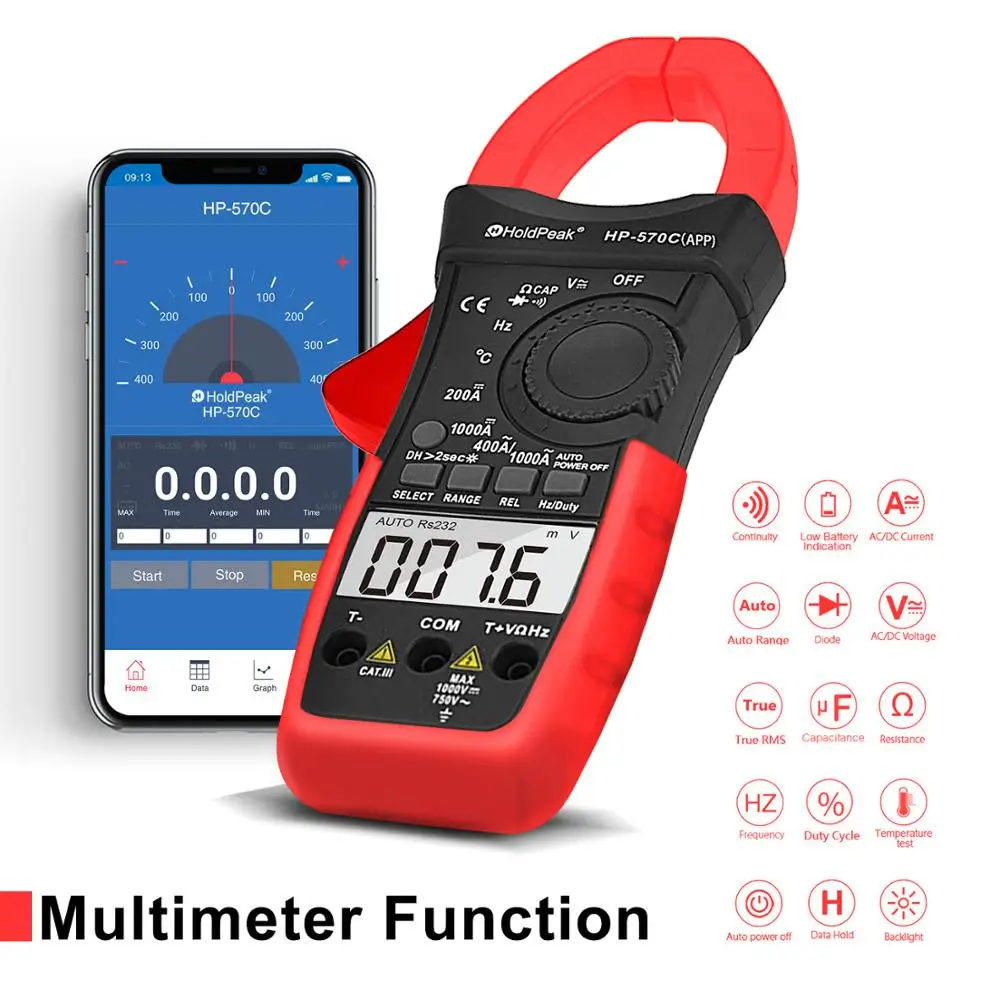 Holdpeak Digitale Stroomtang HP-570T-APP 1000A Ac/Dc Stroom Spanning Capaciteit Temperatuur Multimeter Aansluiten Op Telefoon Tester