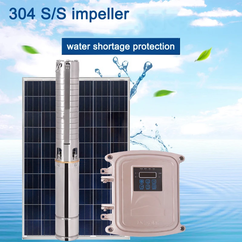 water shortage protection 203m high head solar water pump stainless steel 304 impeller solar submersible pump kit MPPT inverter