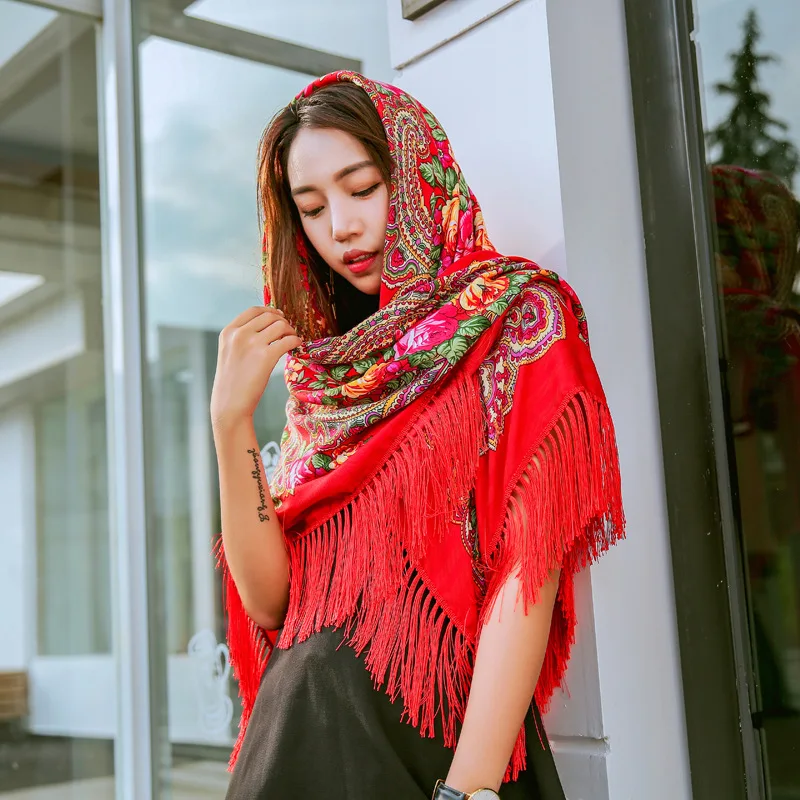 

New Russia National Oversize 135x135cm Women Printing Four Sides Tassel Large Squar Shawl Scarf All-Match headband Bufanda Mujer