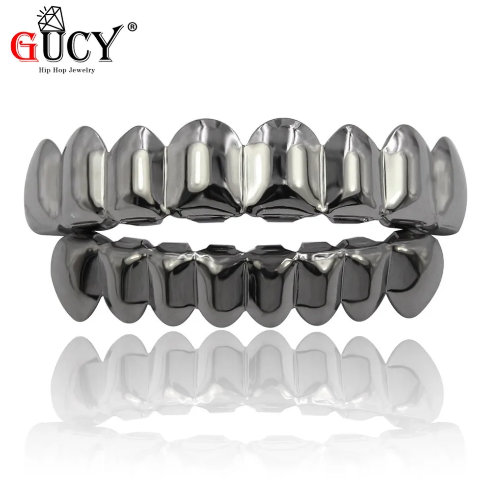 GUCY Grillz-Juego de parrillas con acabado dorado, juego de 8 dientes superiores y 8 dientes inferiores, estilo Hip Hop liso, regalo para Halloween