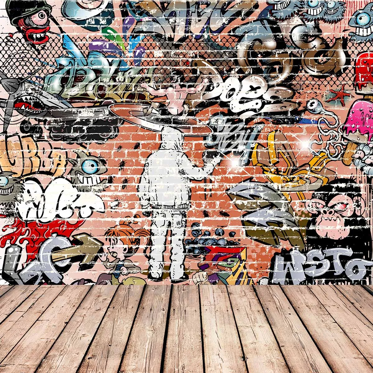 Allenjoy photography background store Graffiti wall theme backdrop Cool and Colorful pattern Wood floor background New Arrivals