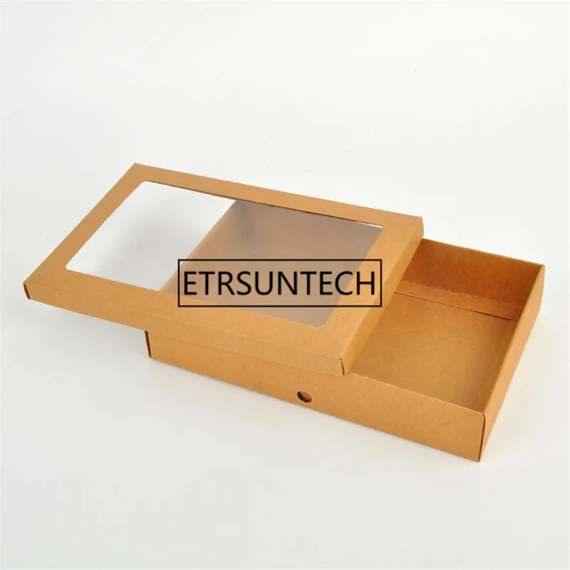 300Pcs/Lot 22*14*4.3cm Kraft Paper Gift Box Package With Clear Pvc Window Candy Favors Arts&krafts Display Package Box