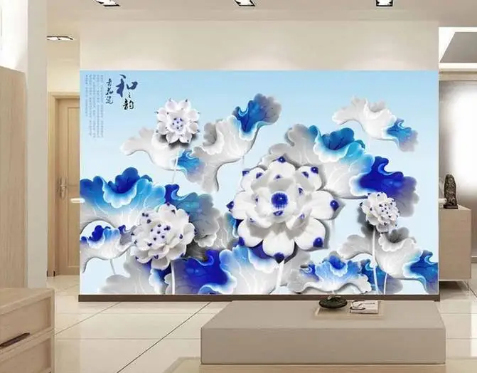 3D three-dimensional relief stylish backdrop decorative painting lotus mural 3d wallpaper flower wallpaper