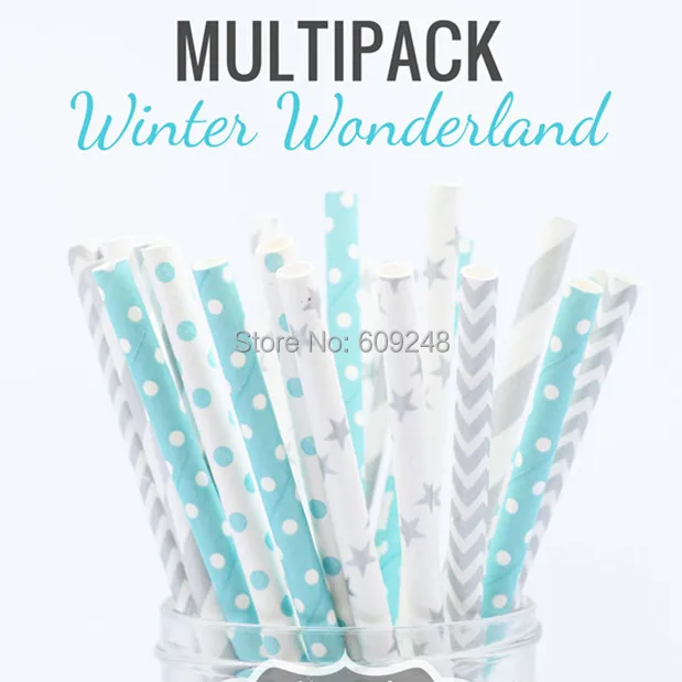 125 Pcs Mixed Colors WINTER WONDERLAND Themed Party Paper Straws Bulk, Light Blue Swiss Dot, Silver Striped, Chevron and Star