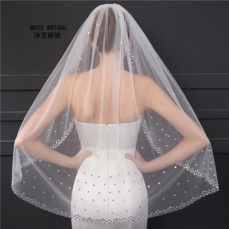 Luxury Soft Tulle Wedding Veils With Crystals Beaded Ivory/White  Wedding Accessories Real Pictures Short Bridal Veil 2018