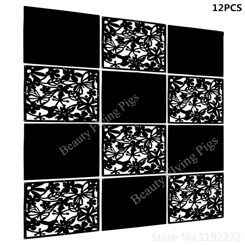 WSHYUFEI Hanging Room Divider,12pcs PVC Black Solid and Cut Panel Screen for Decorating Living, Dining,(Black+Soild Board)