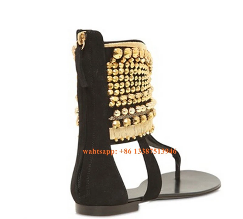 Women Summer Hotsale Clip Toe Ankle Wrap Gold Spike Flat Sandals Zipper-up Rivet Gladiator Sandals Fashion Beach Shoes