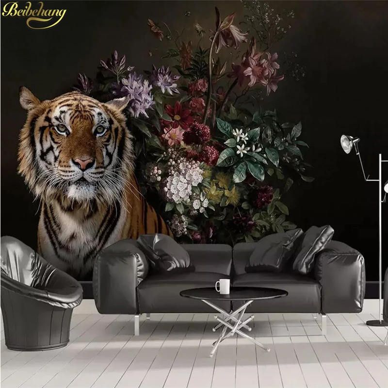 

beibehang Custom photo Mural Wallpaper Papel De Parede 3D Room Bedroom Black hand painted lily tiger Printed Wall paper Murals