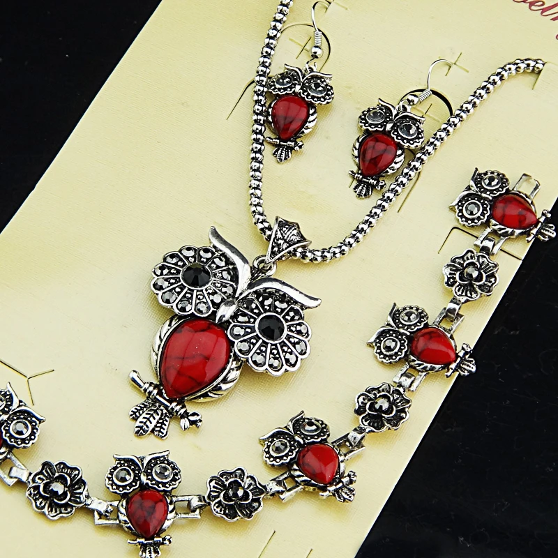 Retro Jewelry Sets Vintage Antique Tibetan Silver Oval Red Natural Stone Earrings Bracelet Necklace Women Jewelry Set A696