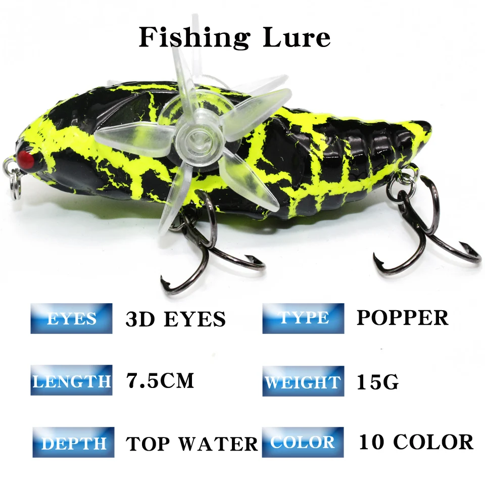 NEW Whopper Cicadas Popper 9.5cm/15g Topwater Fishing Lure Artificial Bait Hard Plopper Plastic Rotary wings Fishing Tackle Geer