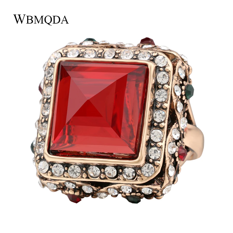 Wbmqda Luxury Bohemian Style Big Square Red Ring Vintage Ancient Gold Color Crystal Rings For Women India Jewelry