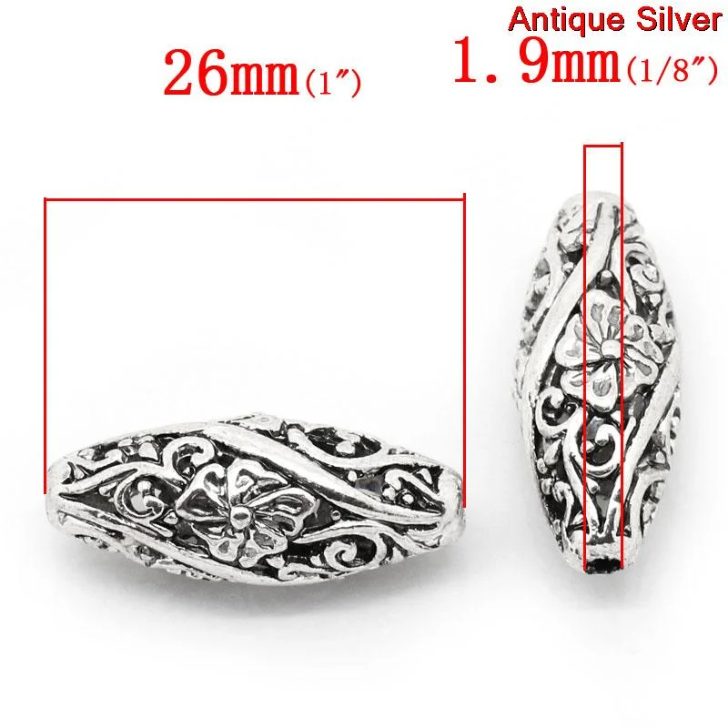 Doreen Box hot- Spacer Beads Oval Silver Color Flower Pattern Carved Hollow 26mm x 11mm,Hole:Approx 1.9mm,10PCs (B31020)