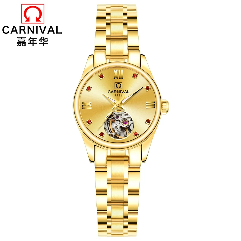 Luxury Brand CARNIVAL Automatic Mechanical Women's Watches Sapphire Waterproof Hollow Flywhteel Luminous Diamond Clock C8789L