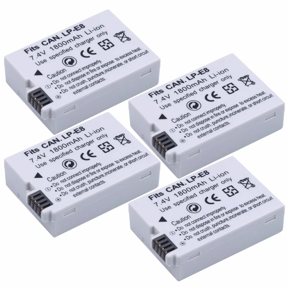 

4Pcs PROBTY 1800mAh LP-E8 LP E8 LPE8 Battery for Canon EOS Rebel T2i T3i T4i T5i EOS 550D 600D 650D 700D DSLR Digital Camera