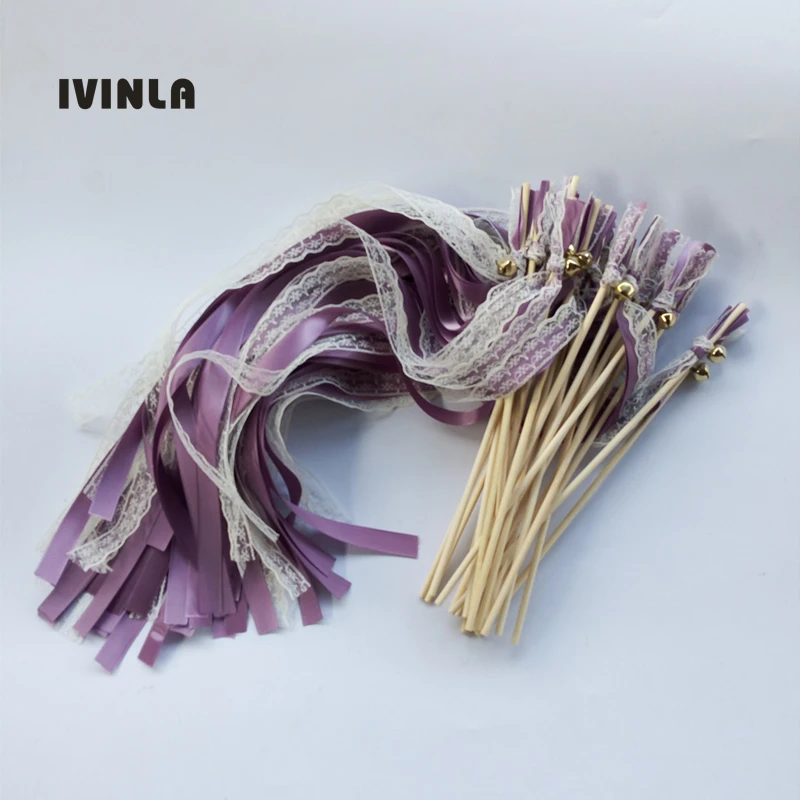 Newest 50pcs/lot Purple ribbon wands  with Cream lace and gold bell for wedding decoration