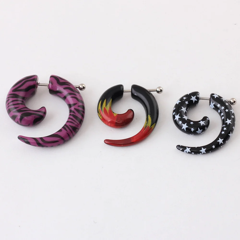 Alisouy 2 sztuk akrylowe Spiral Gauge zatyczka do uszu fałszywy oszust nosze Flesh kolczyki Piercing Leopard płomień styl gwiazdy kolczyki