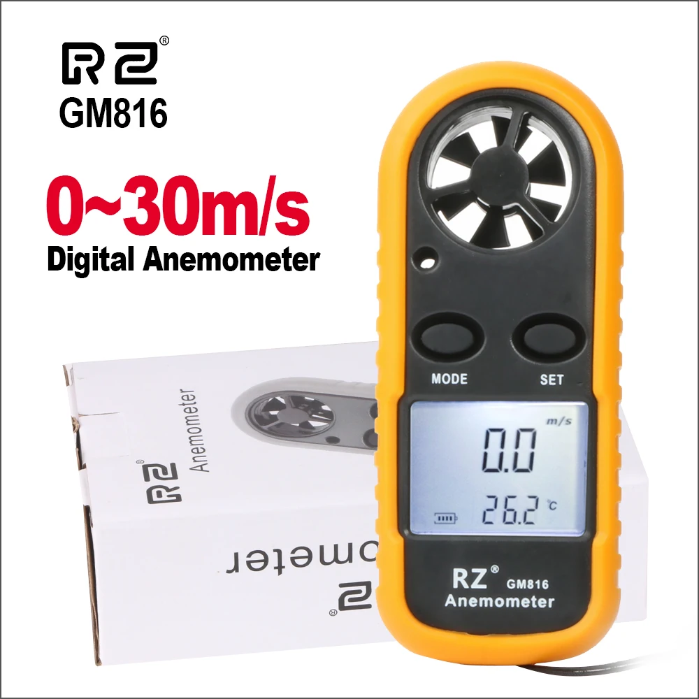 RZ แบบพกพาเครื่องวัดความเร็วลมเครื่องวัดความเร็วลม Anemometro Windmeter 30เมตร/วินาที LCD ดิจิตอลมือถือเครื่องมือวัด GM816