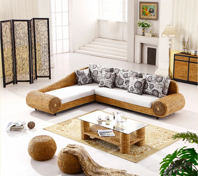 2016 new design fashion leisure handmade rattan sofa living room furniture round stool and tea table