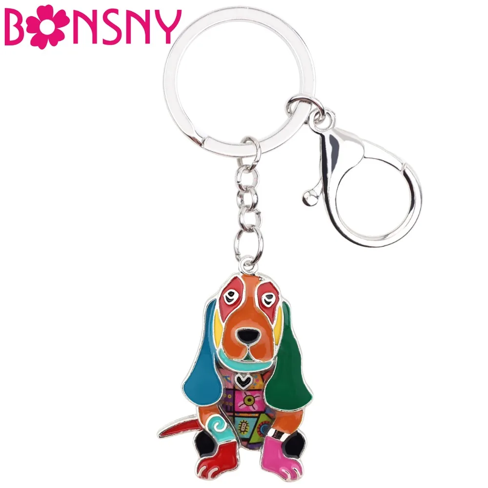 Bonsny Enamel Metal Basset Hound Dog Key Chains Keychain Keyrings Jewelry For Women Girls Pendant Bag Car Charms Cute Accessory