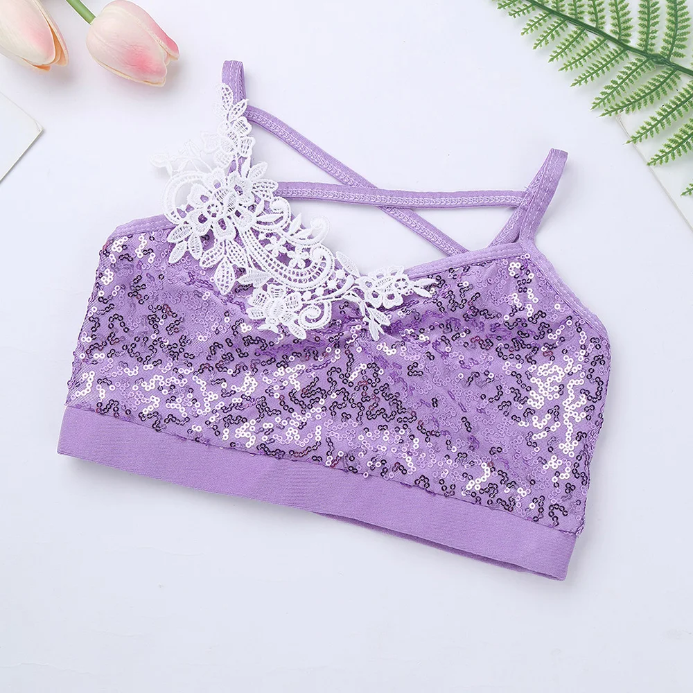 Girls Figure Skating Dress Baton Twirling Dance Costume Spaghetti Shoulder Straps Sequined Crop Top with Tulle Tutu Skirt Set