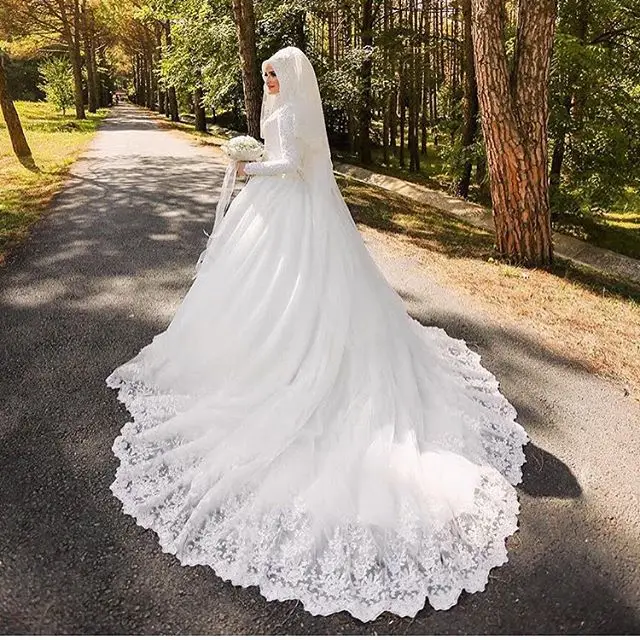 Vestido De Noiva Robe De Mariage Arabic Muslim Luxury Beautiful 80cm Long Trail Long Sleeve Hijab Wedding Dress with Veil 2020