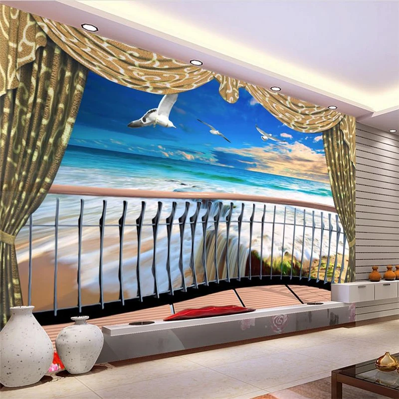 

beibehang 3d stereoscopic wallpaper Customize HD mural wallpaper Balcony seaside scenery europe papel de parede photo wallpaper