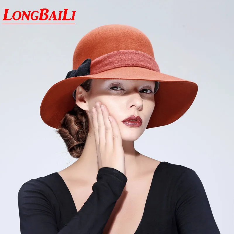 

Fashion Woolen Large Brim Bow Floppy Sun Hats Women Chapeu Fedoras Female Lady Dress Hat Free Shipping PWSX006