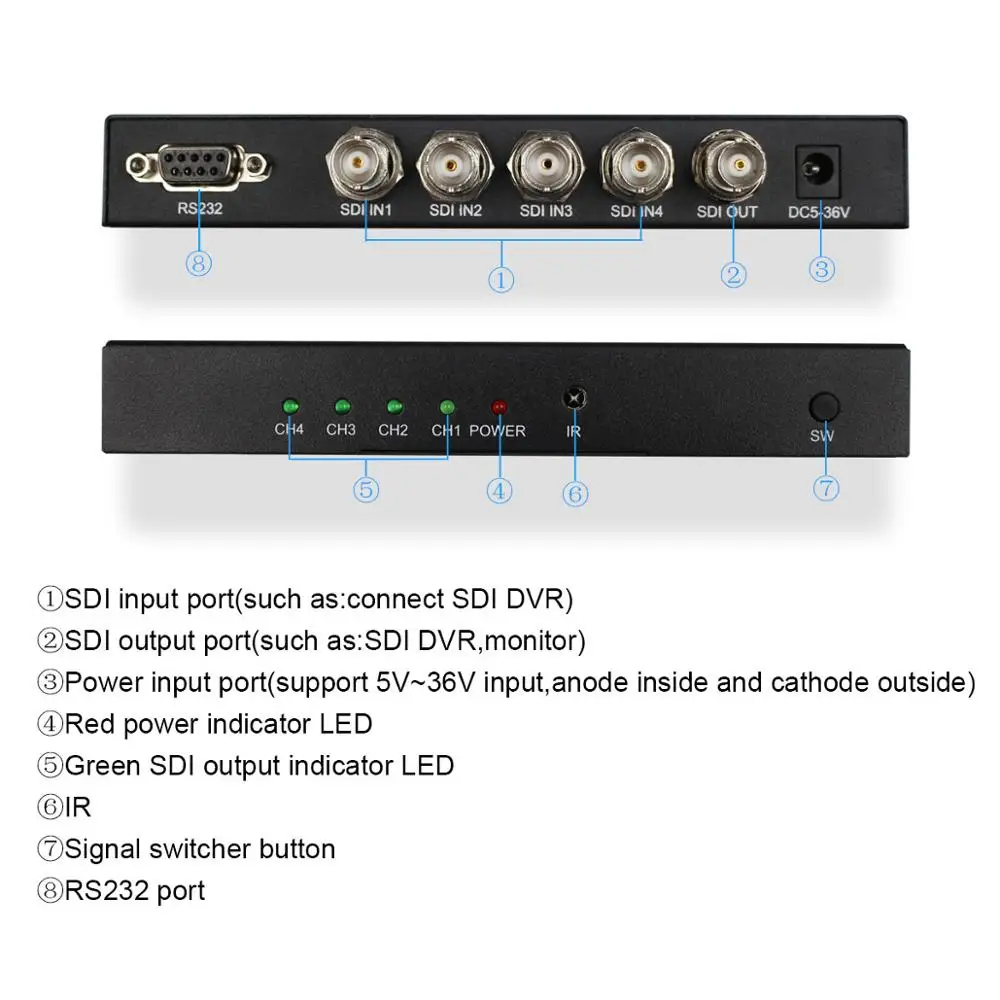 Wiistar SDI Switcher 4x1 SDI Switch 4 in 1 out Switch Extender 4 To 1 Converter for 3G HD SD Monitor Security Camera CCTV