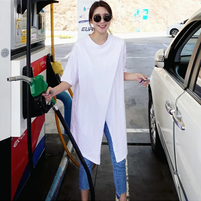 

Johnature Casual Korean Long Women T-shirts 2024 Summer New Solid Color Loose Simple Irregular O-neck Half Sleeve Women Tops