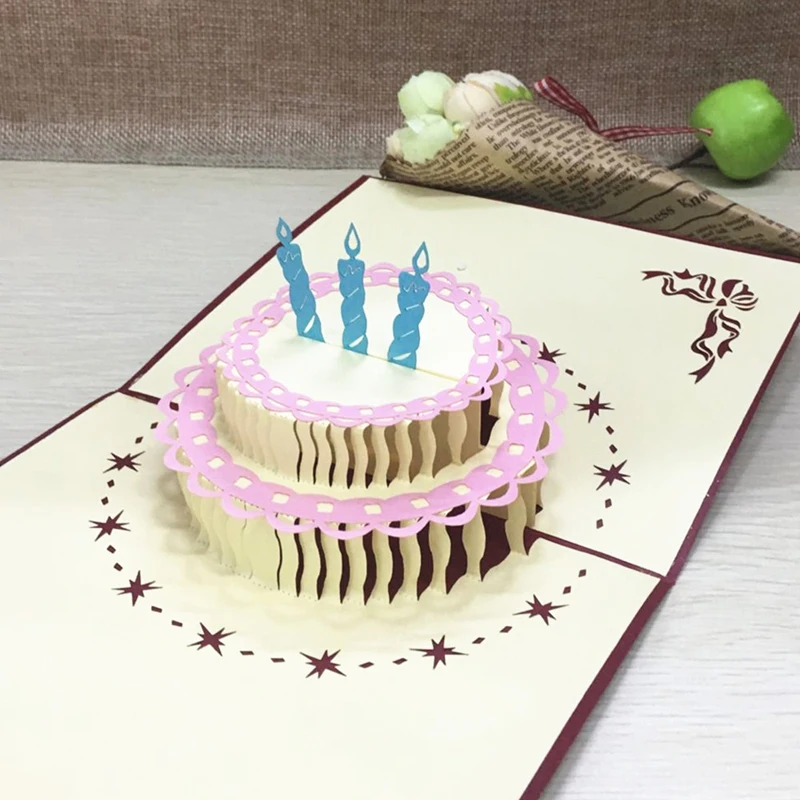 1pcs Laser Cut Handmade Birthday Cake 3D Pop Up Greeting Card Postcard Gift Cards With Envelope Baby Shower Birthday Supplies