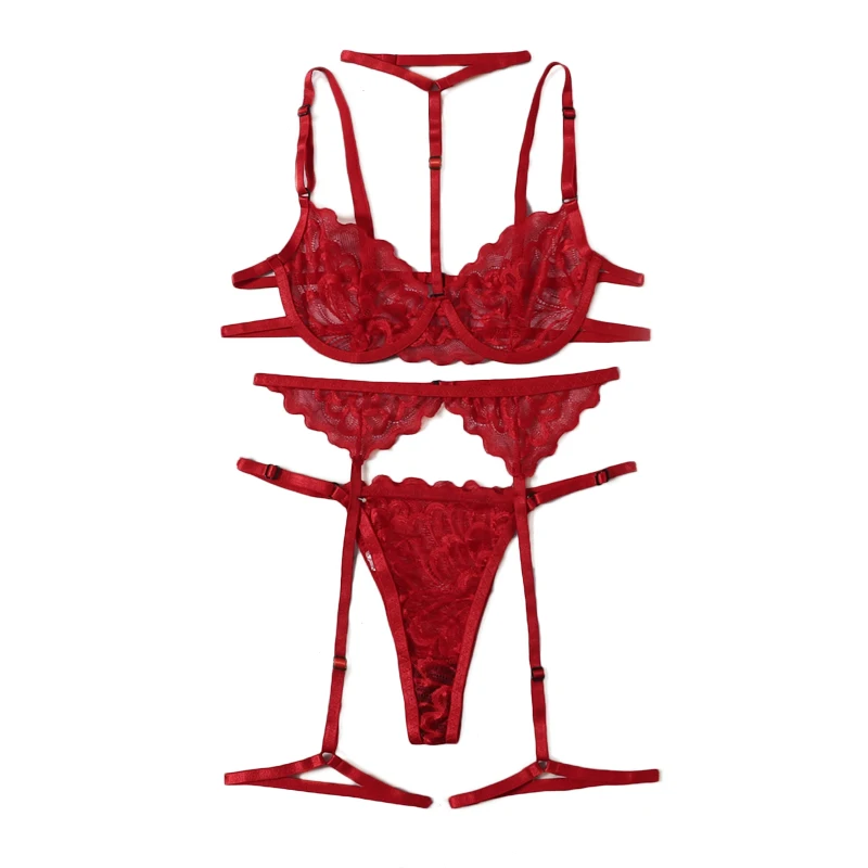 Aduloty Red Floral Lace Garter Lingerie Set With Choker Women Intimates 2022 Underwire Bra And Thongs Ladies Underwear Set