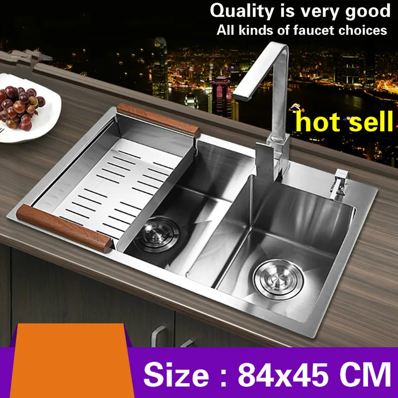 

Free shipping Hot sell handmade food-grade 304 stainless steel big kitchen sink double groove thickening durable 840x450 MM