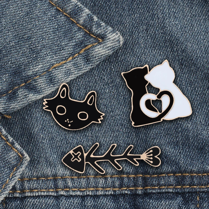 shshd Cartoon Black White Cat Fish Bone Brooch Animal Enamel Pins for Women Men Shirts Lapel Pin Badge Couple Jewelry Lover Gift