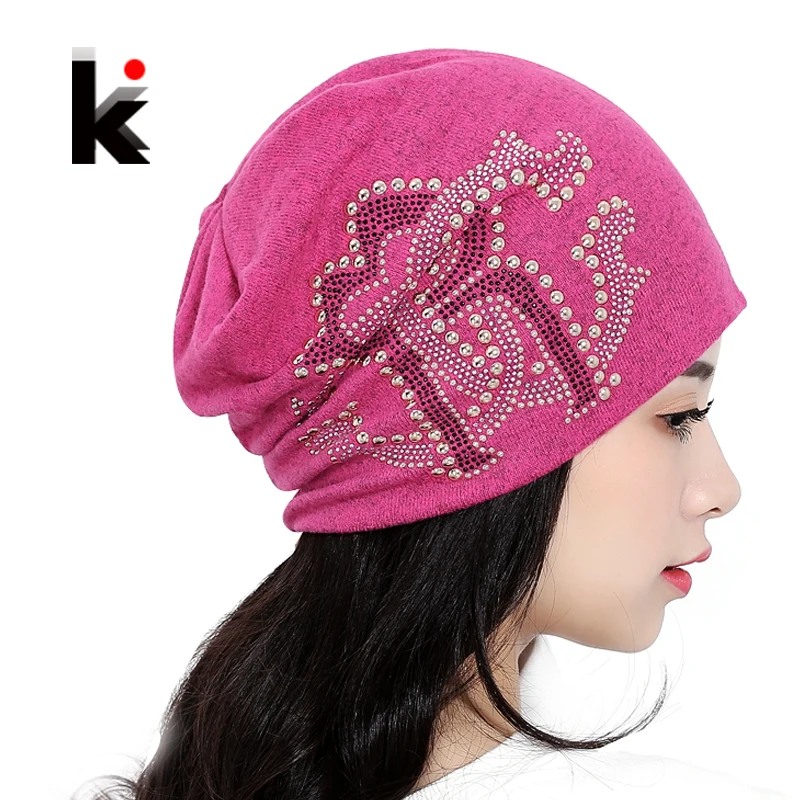 

2018 Ladies Lnit Beanie Hats For Women Beanies Autumn And Winter Brand Knitted Hat Turban Pearls Diamond Skullies Hip-hop Cap