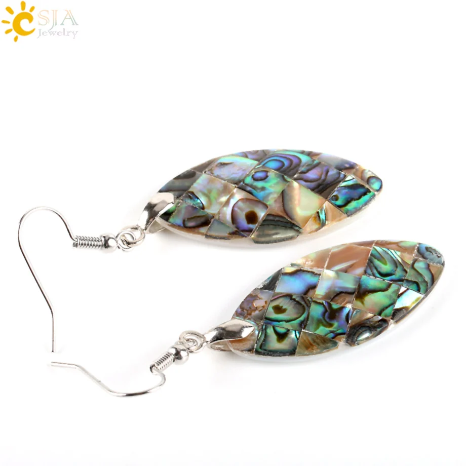 CSJA Natural Dangle Hook Earrings Paua Abalone Shell Bead Pendant New Zealand Olivary Earring Women Hanging Fashion Jewelry E357