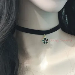 New Black Velvet Choker Necklace 90's Women Plain Ribbon With Cherry Blossoms Gothic Handmade Retro Jewelry
