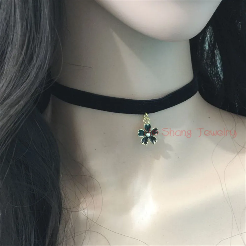 New Black Velvet Choker Necklace 90's Women Plain Ribbon With Cherry Blossoms Gothic Handmade Retro Jewelry