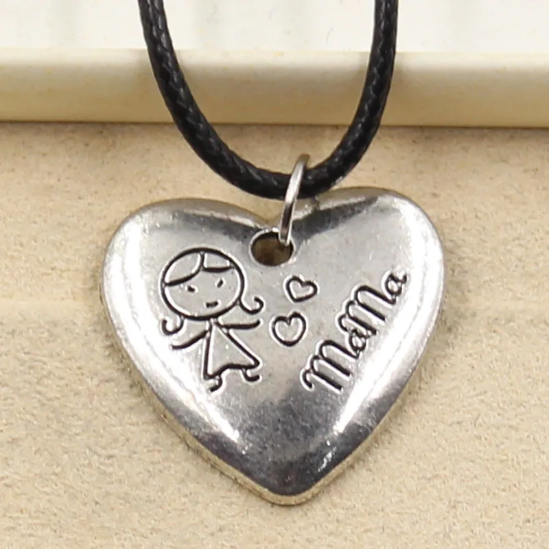 New Fashion Tibetan Silver Color Pendant Heart Mom Necklace Choker Charm Black Leather Cord Factory Price Handmade Jewelry