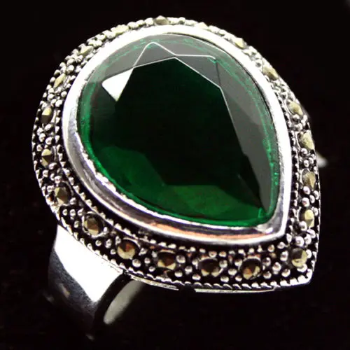 

25*20mm FACETED DROP GREEN MARCASITE 925 SILVER RING SIZE 7/8/9/10