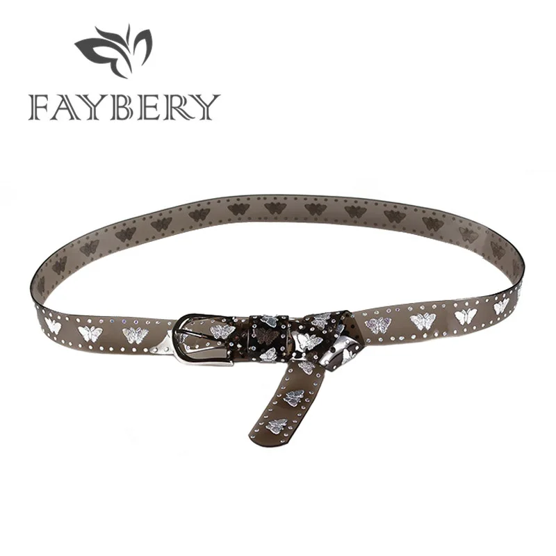 FAYBERY Transparent PVC Women Belts for Women Butterfly Decoration Silvery Metal Buckle Belt Women's Clothing Accessories