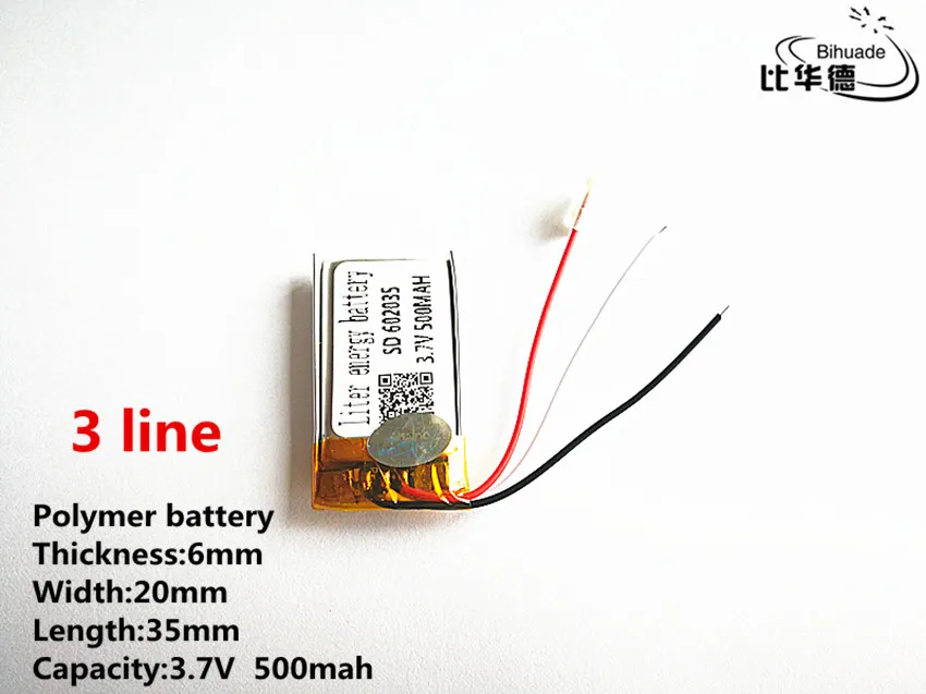 3 line Good Qulity 3.7V,500mAH,602035 Polymer lithium ion / Li-ion battery for TOY,POWER BANK,GPS,mp3,mp4