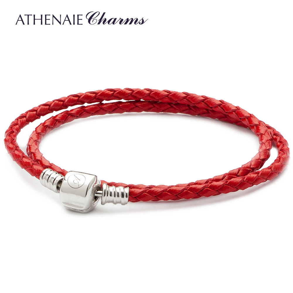 ATHENAIE Eight Color Double Braided Leather 925 Sterling Silver Snap Clasp Bracelet Size 13.39inch Fit European Bead