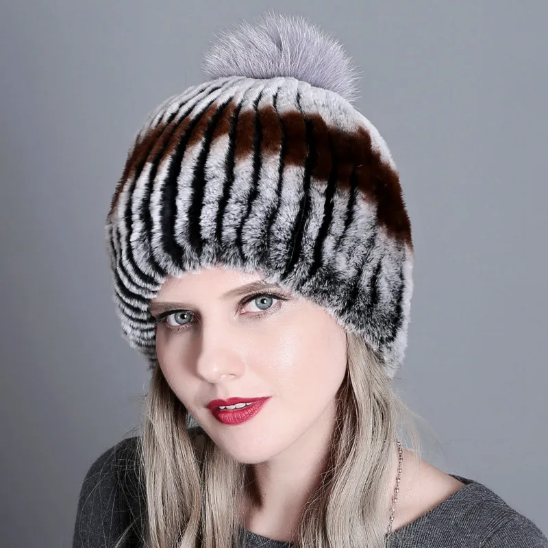 

Female Rex Rabbit Hair Ear Protection Beanies Cap Autumn Winter European American Women Hat Fox Fur Ball Pompom Soft Caps H7032